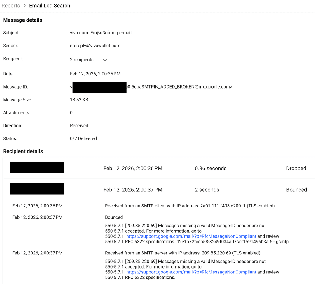 A screenshot of Google Workspace's Email Log Search